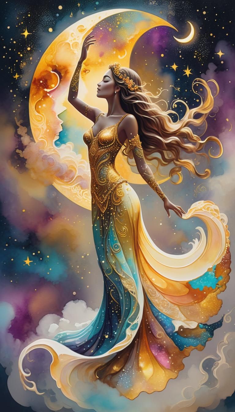 Ethereal Goddess on the Moon in Pointillism Style