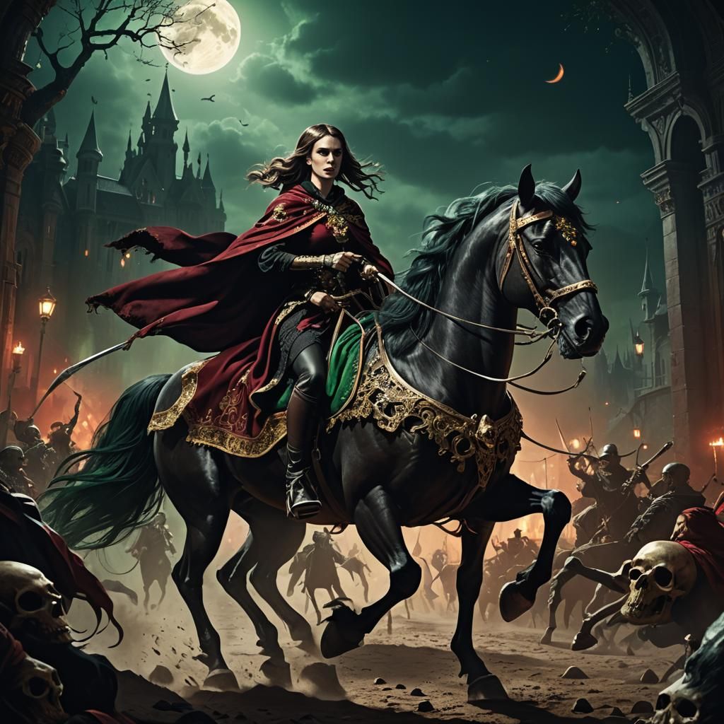 Dark Fantasy Woman Riding Horse Under Moonlight