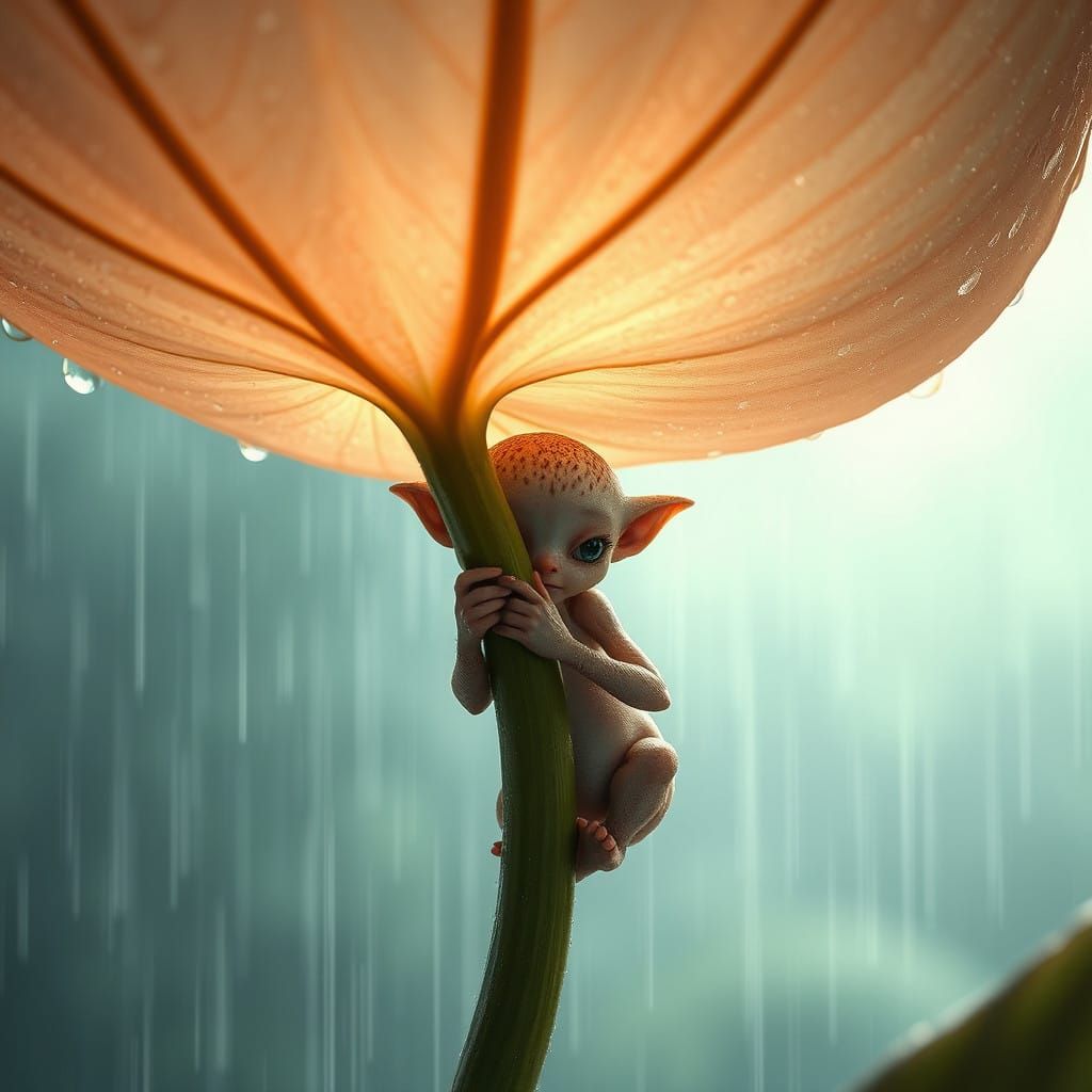 Tiny Humanoid Takes Refuge Under a Rainy Leaf in Whimsical S...