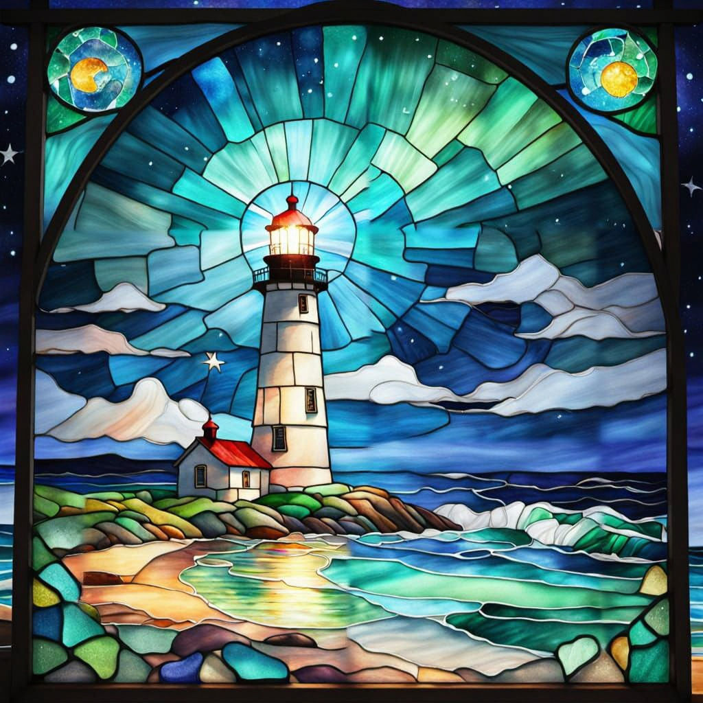 Stained Glass Lighthouse Beaming Light Under Northern Lights