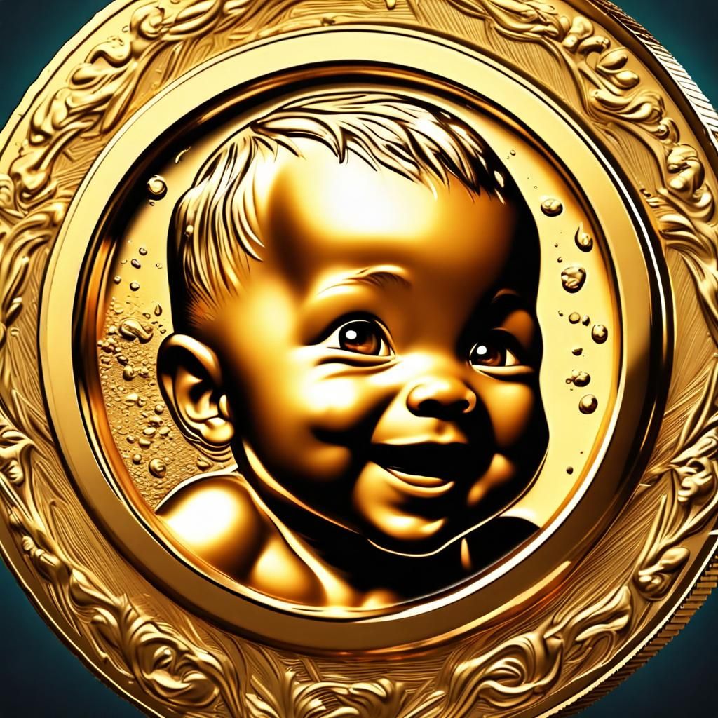 Golden Coin with Smiling Baby: Hyperrealistic Art