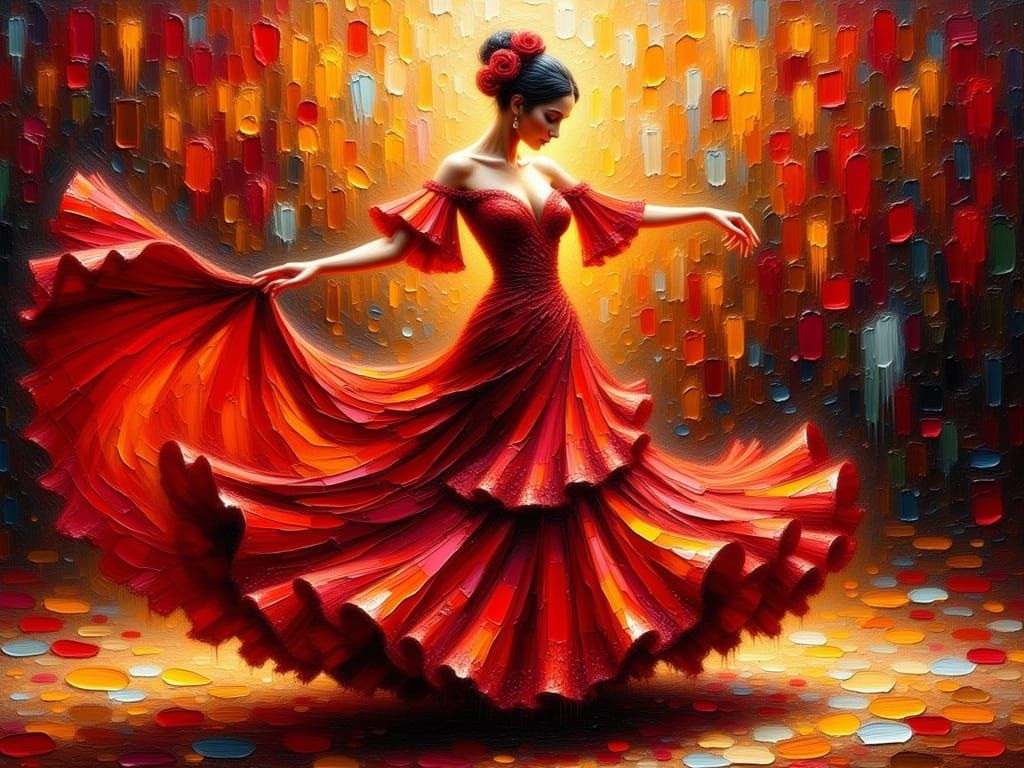 Vibrant Impasto Flamenco Dancer in Crimson Oil Painting