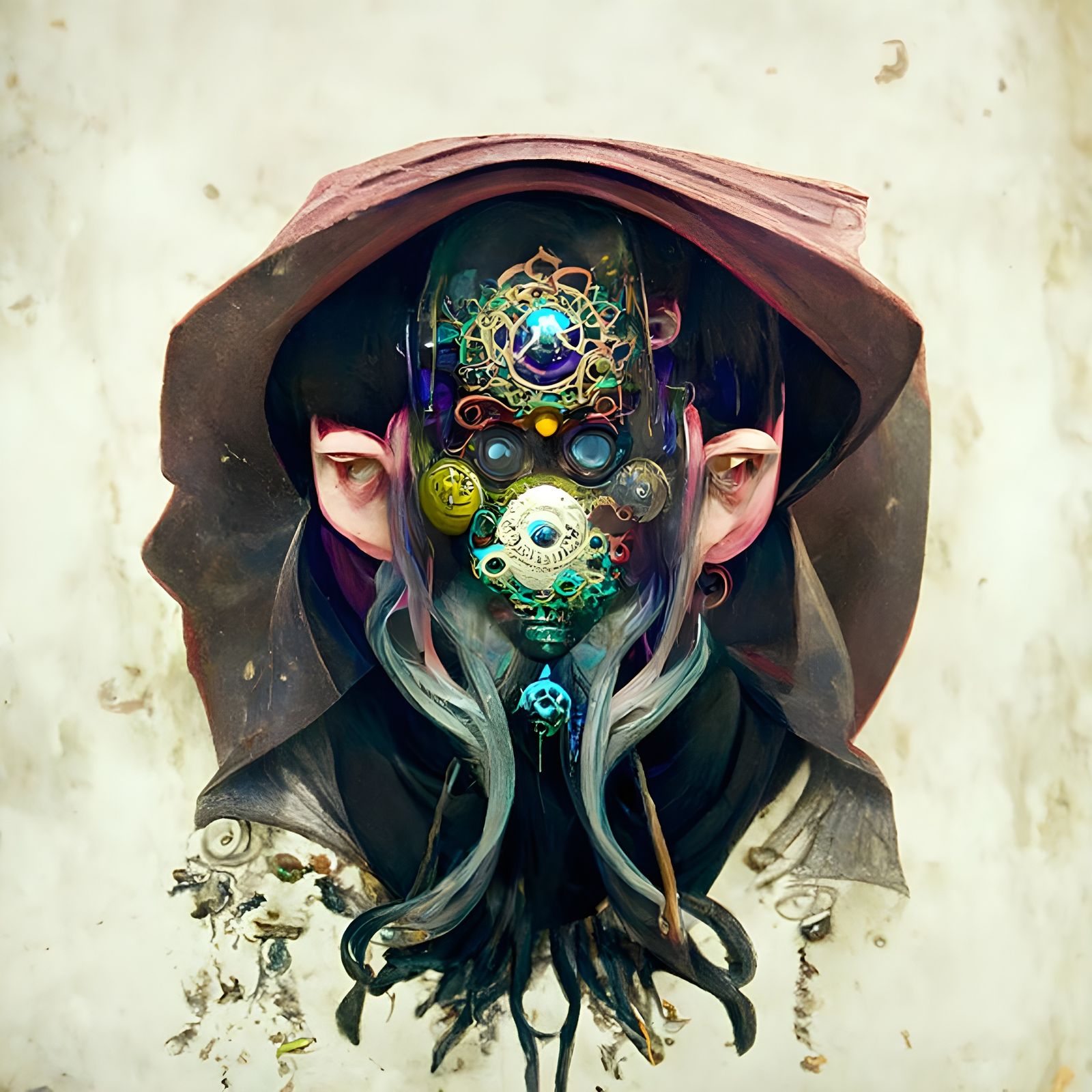 Eldritch Alchemist with Intricate Mask in Film Noir Style