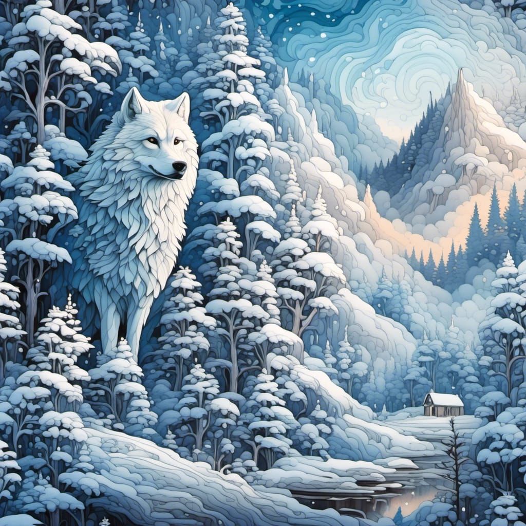 Majestic Wolf and Snowy Forest Digital Illustration