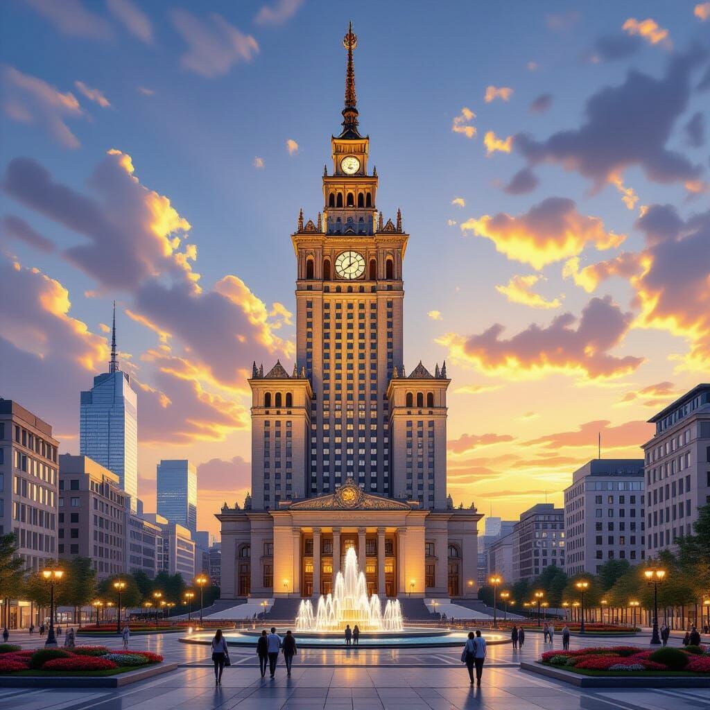 Warsaw's Palace of Culture and Science at Sunset