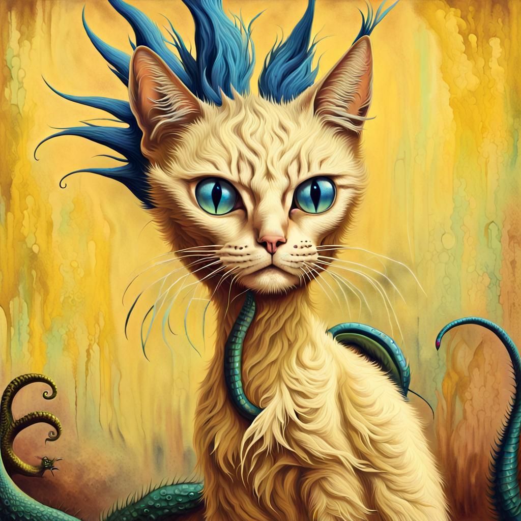 Surreal Yellow Cat with Blue Beak in Hyperrealism