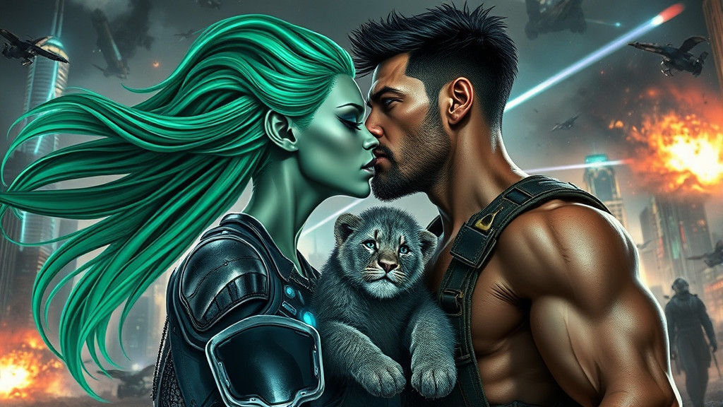 Passionate Kiss Between Alien Woman and Human in War Zone