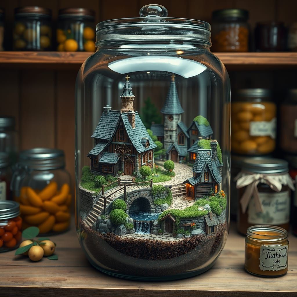 Charming Miniature Village in a Jar, Dreamy Lighting