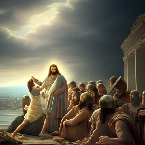 Dramatic Image of Jesus Stabbed by Roman Soldier