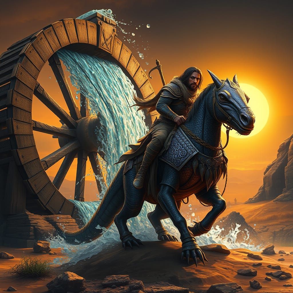Ancient Waterwheel in a Desert Oasis, with a Warrior and a M...