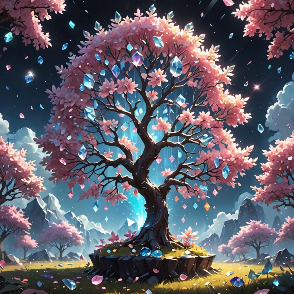 Crystal Tree Digital Illustration with Sparkling Flowers