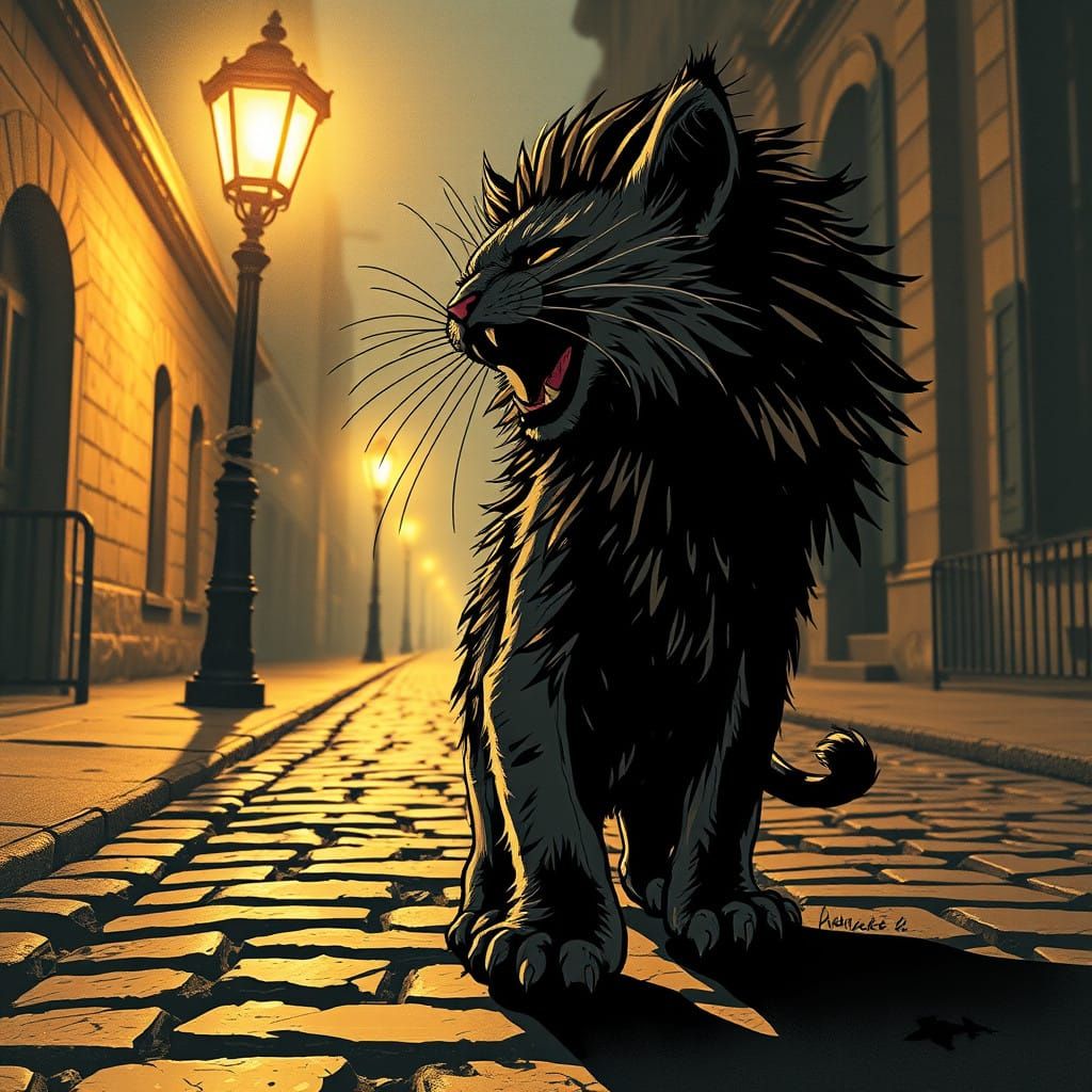 Majestic Lion Emerges from Urban Shadows