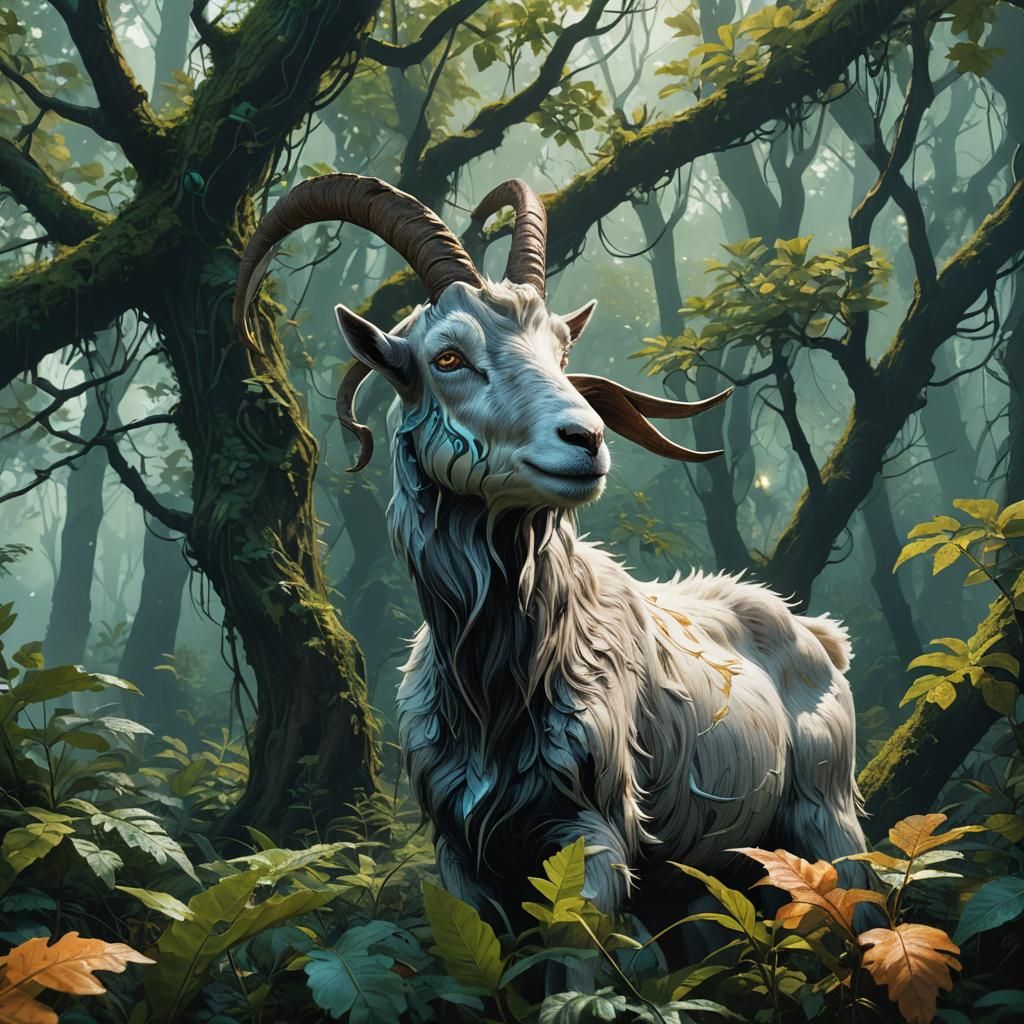 Goat Eating in Mystical Forest: Matte Painting