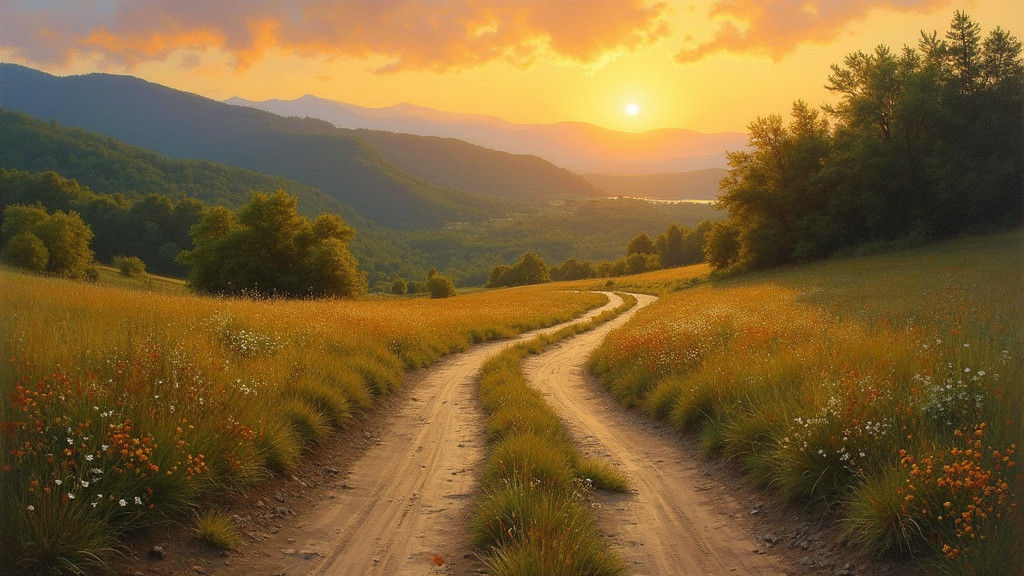 Sunset Over Rural Landscape in Atmospheric Oil Style