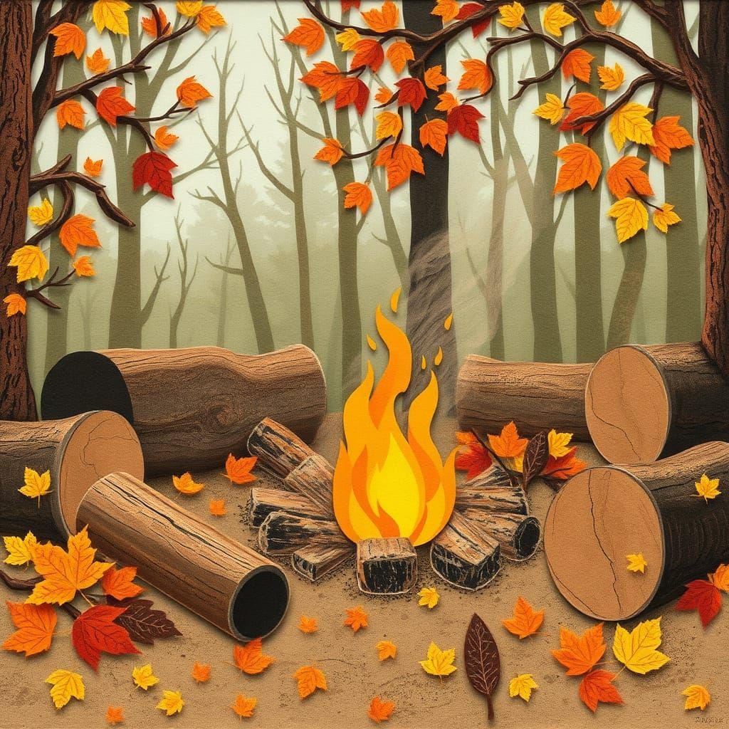 Cozy Autumn Bonfire in Paper Collage Style