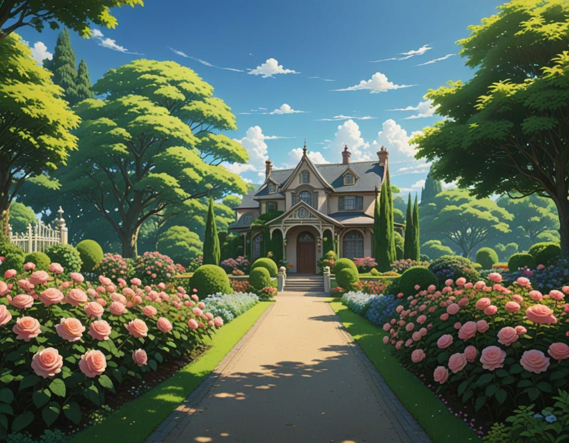 Blossoming Gardens in a Whimsical Mansion