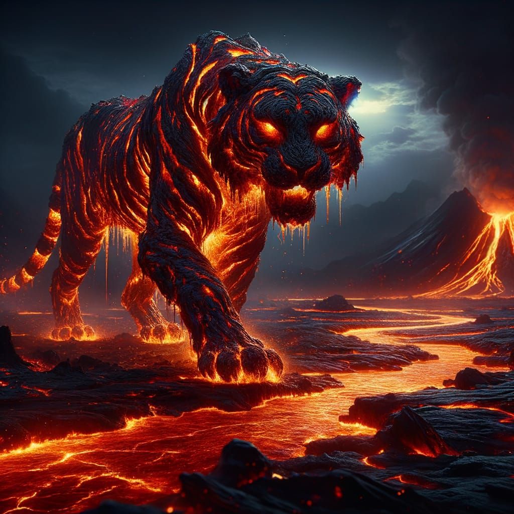 Fiery Lava Tiger Roaming Volcanic Landscape