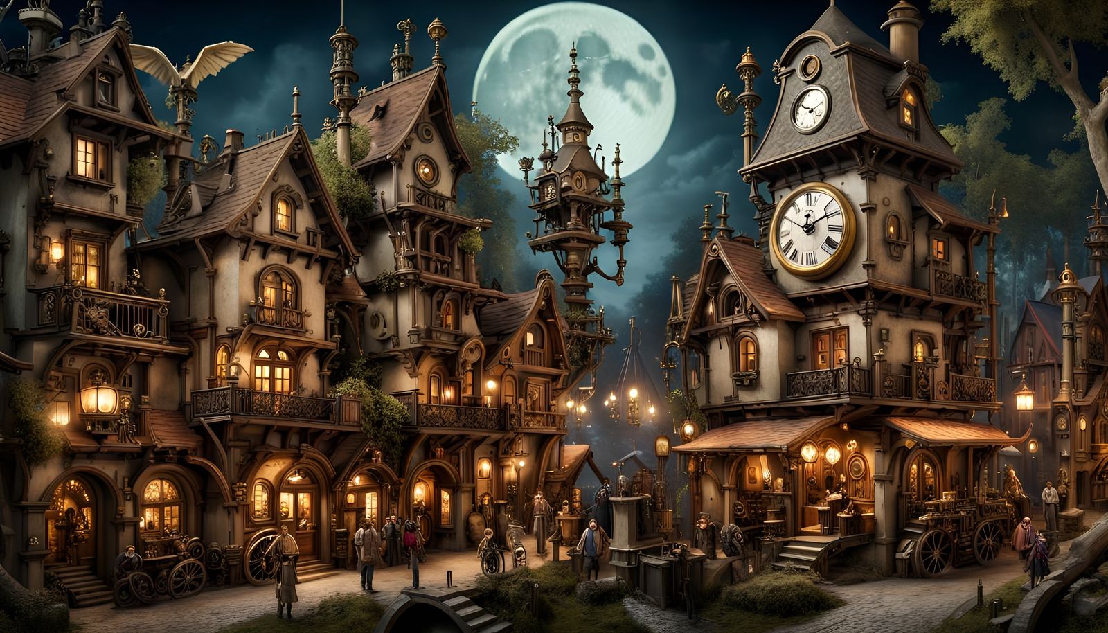 Ethereal Steampunk Village Under Moonlight, Fairytale Photo