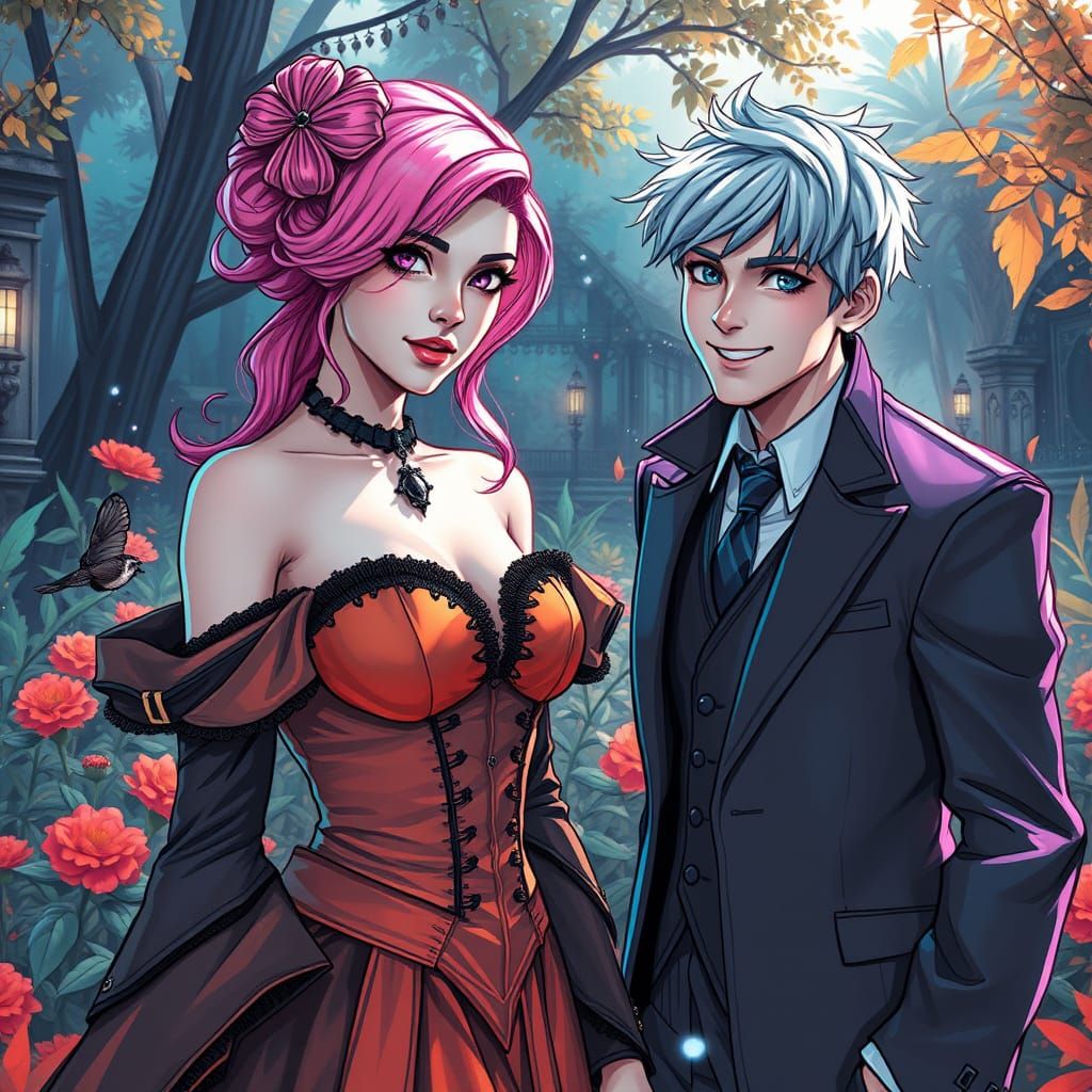 Gothic Garden Scene in Black and White Line Art