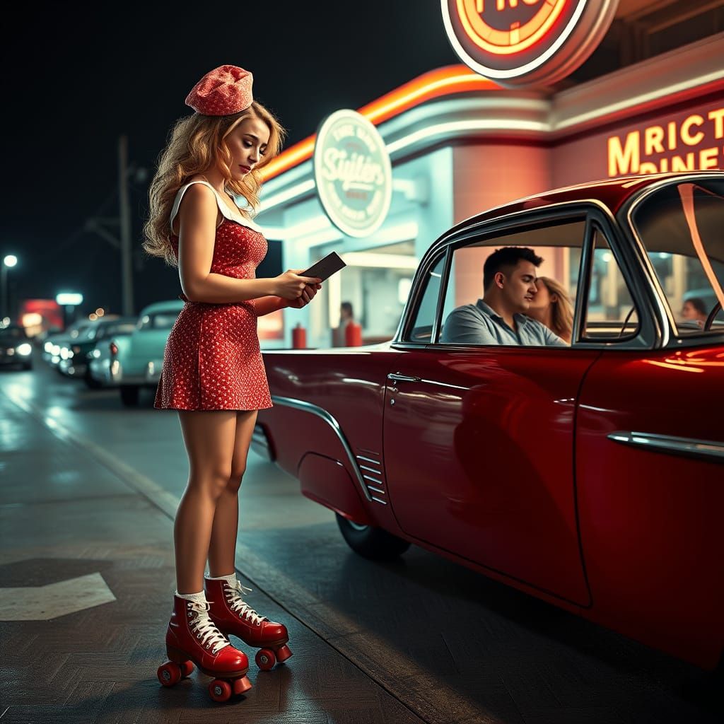 Distressed Waitress at 1950s Diner in Hyperrealistic Style