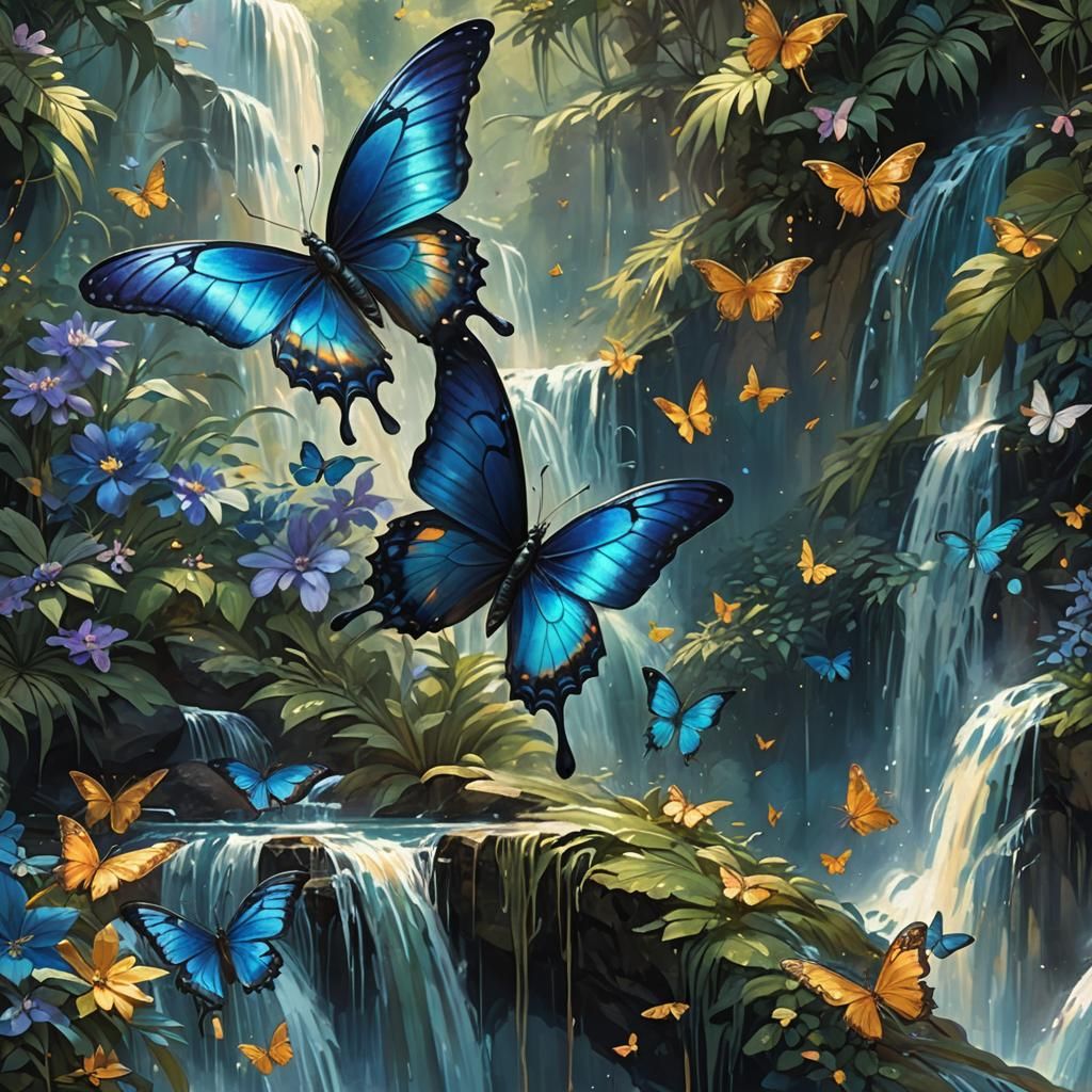 Iridescent Butterfly with Waterfall Reflection in Surreal St...