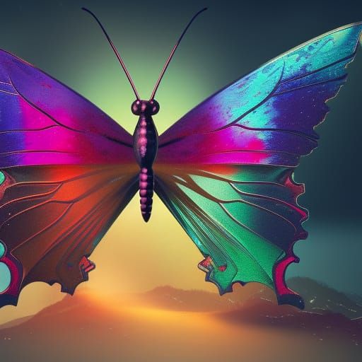 Magic Butterfly with Exotic Colors in Fantasy Landscape
