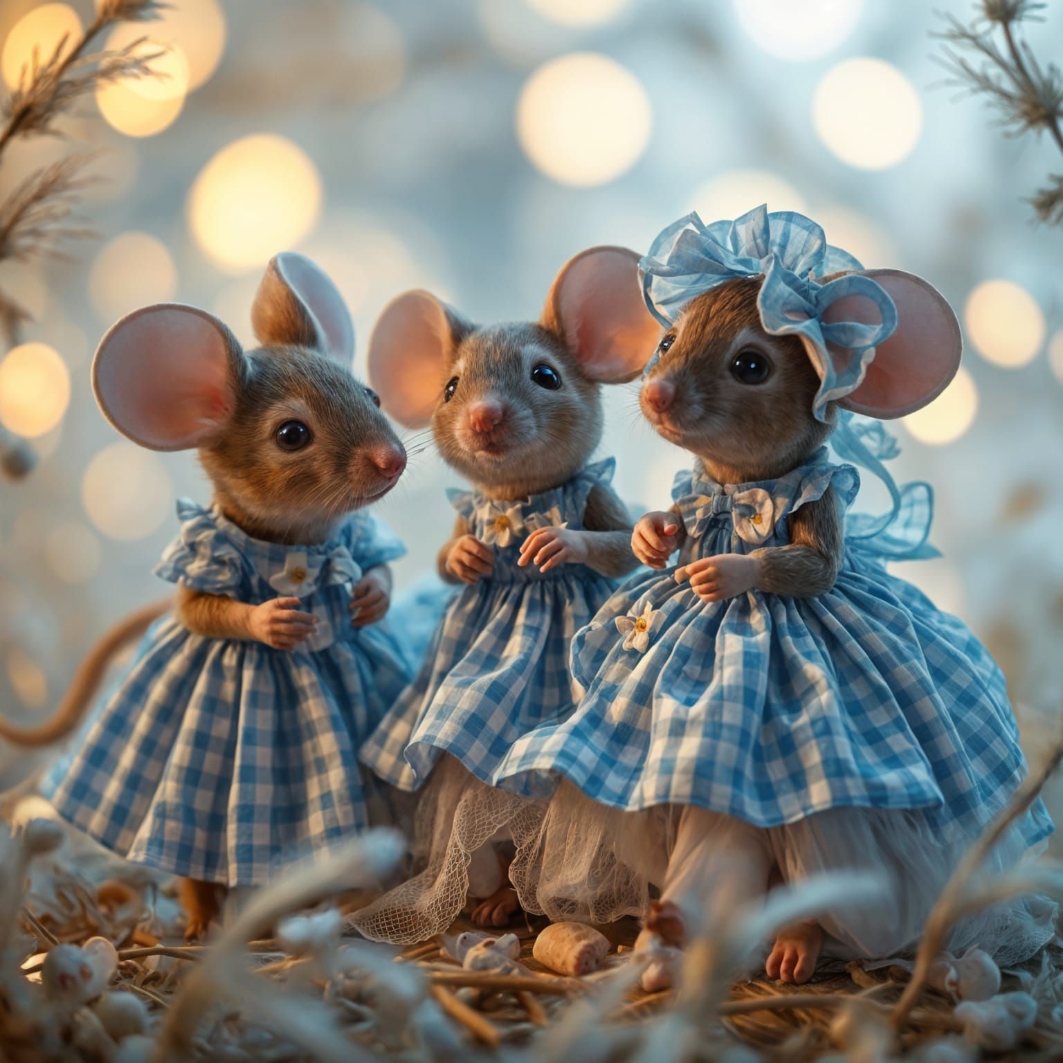 Mice in a blue gingham dress