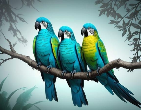 Turquoise Parrots in Dreamlike Turquoise Botanical Scene