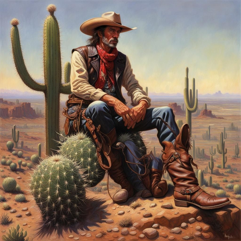 Cowboy's Prickly Perch: A Hyperdetailed Western Scene