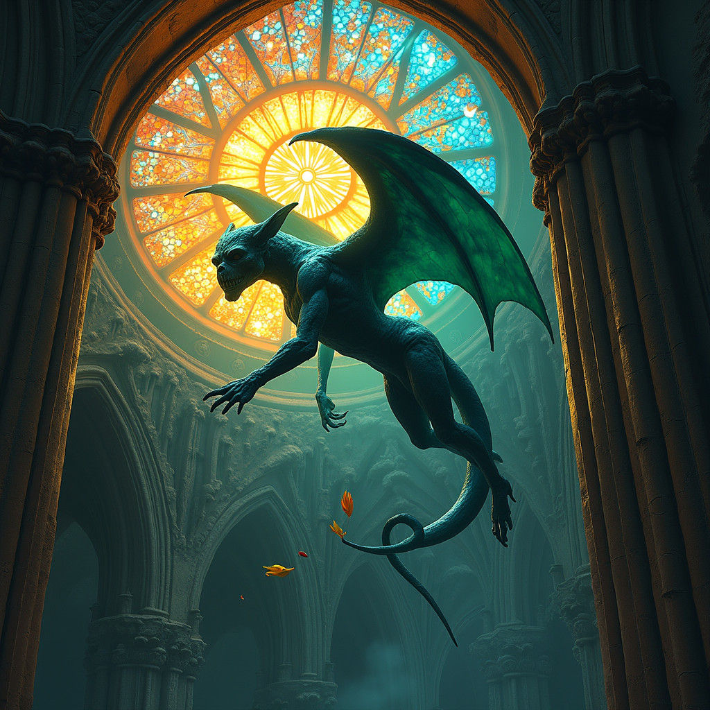 Gargoyle Shatters Stained Glass Roof: Fantasy Art