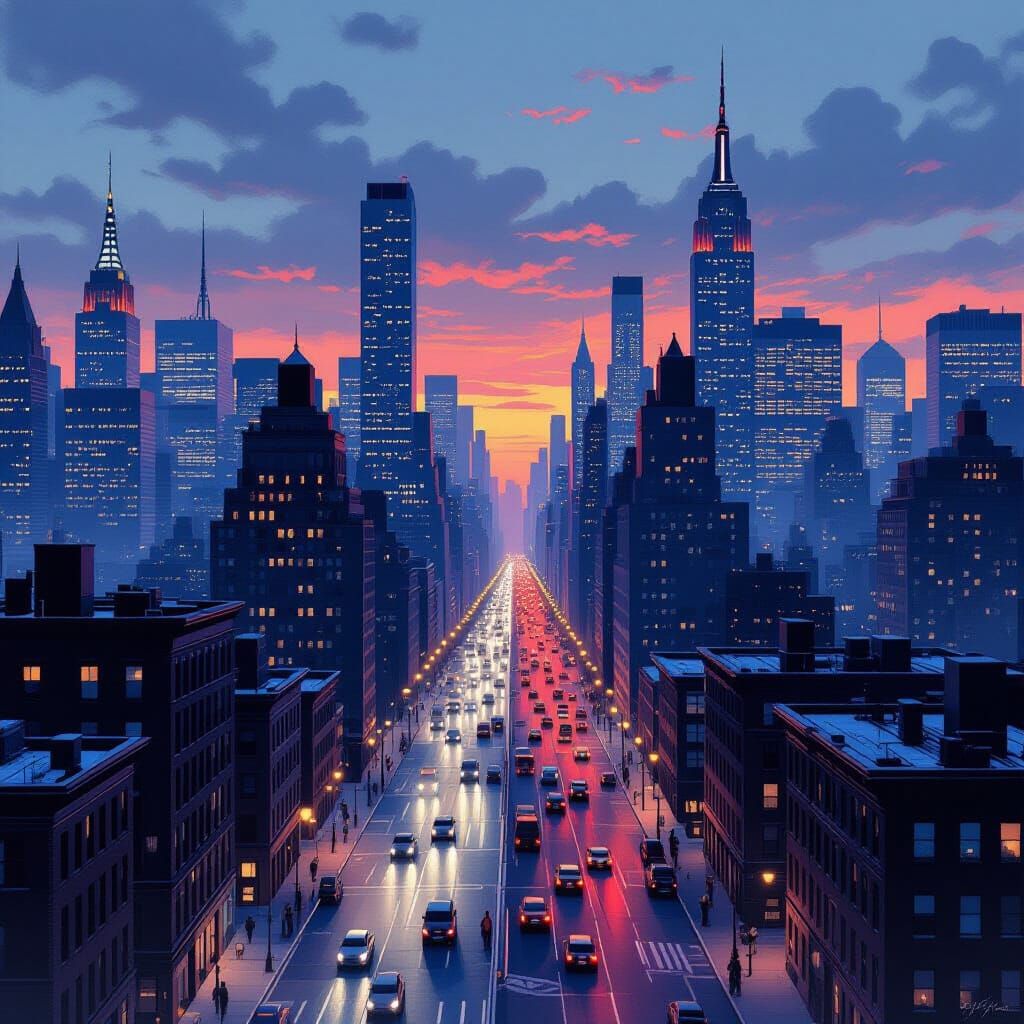 Manhattan Dusk Cityscape in 1950s Photorealism
