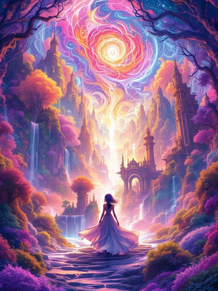 Epic Anime Hero Stands Amidst Futuristic, Fractal Fantasy Re...