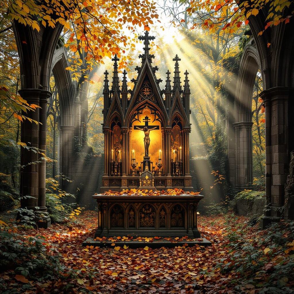 Gothic Chapel Ruins with Golden Light on Autumn Afternoon