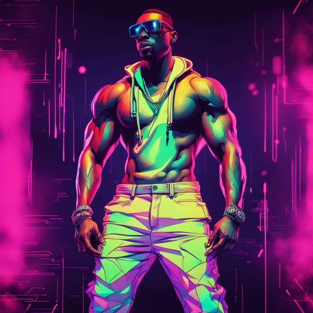 Glitched Neon Sketch of a Futuristic Hip Hop Artist