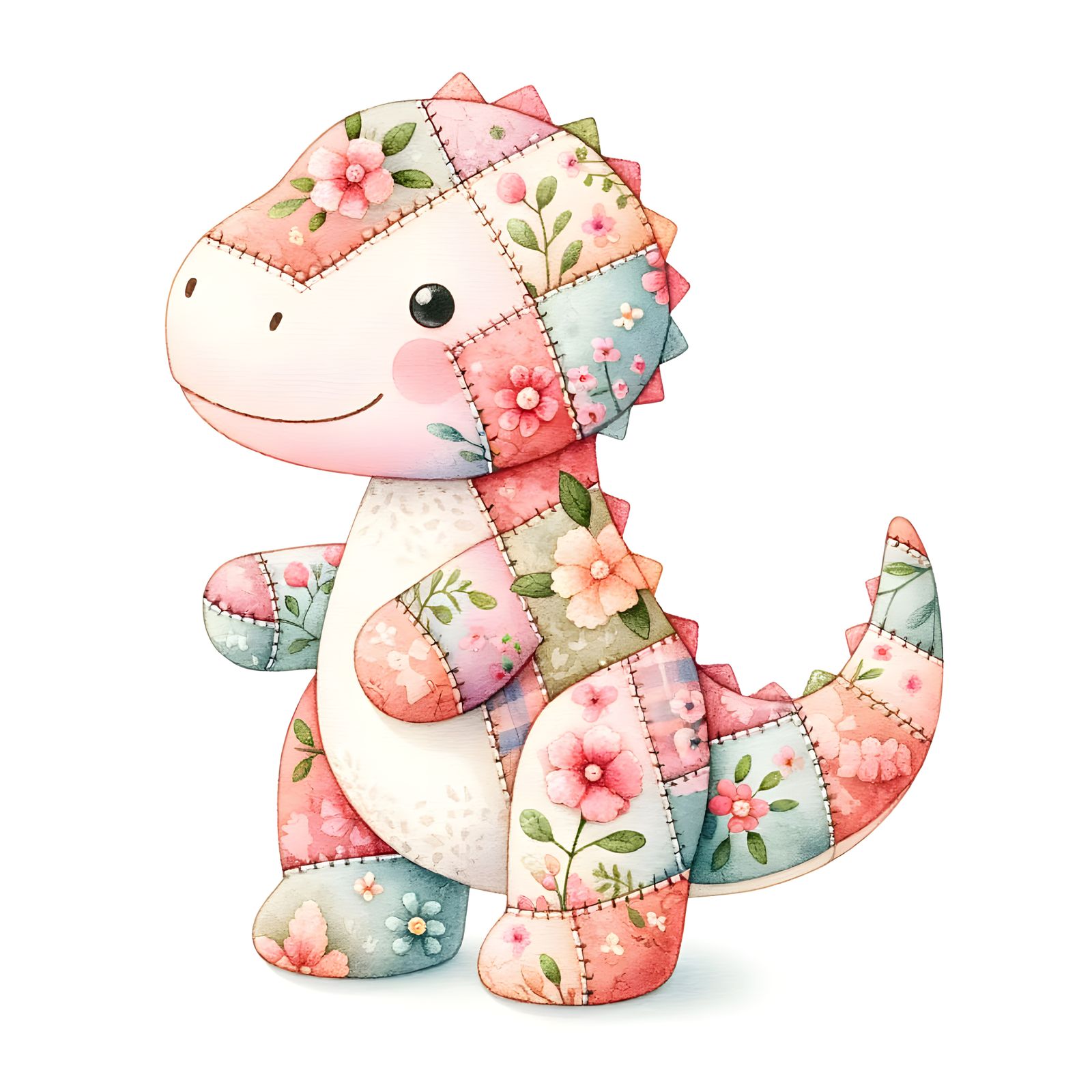 Floral Patchwork T-Rex in Watercolour Style