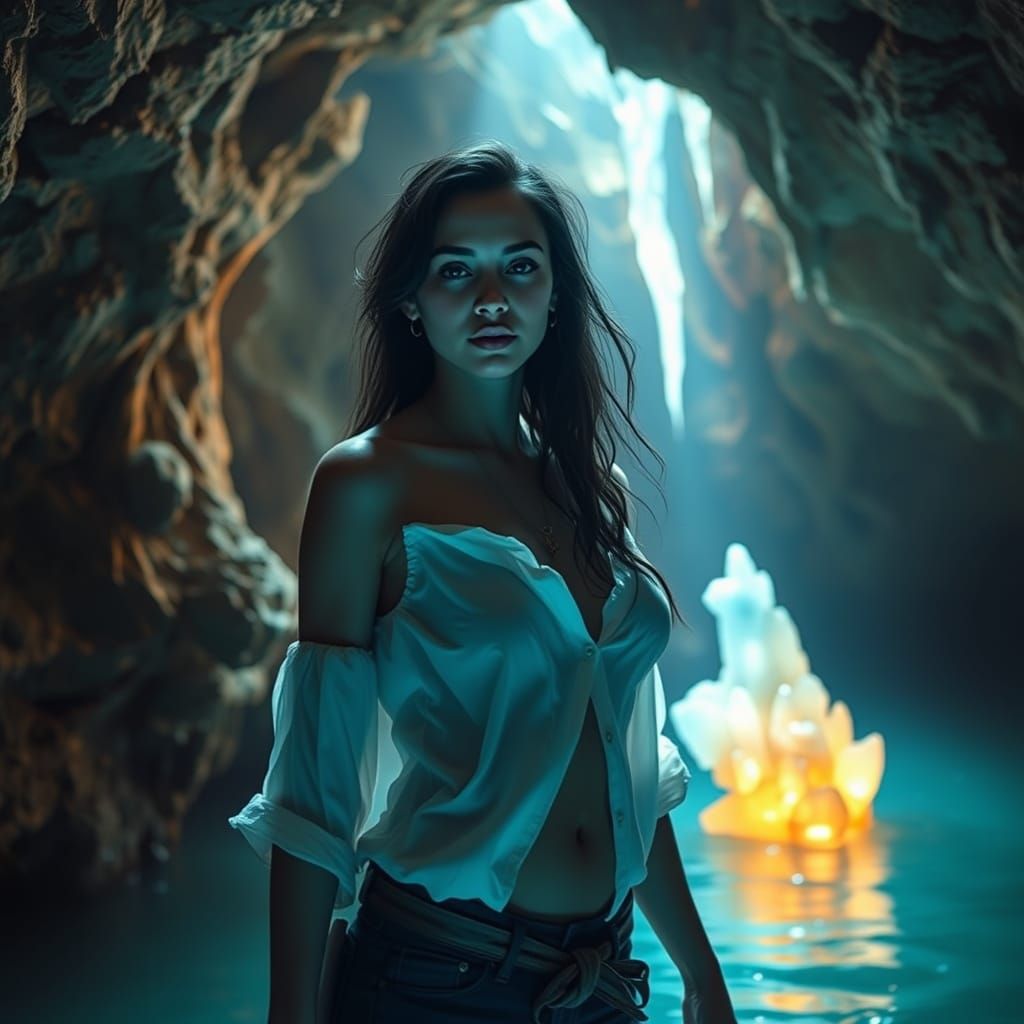 Mystical Cave with Glowing Crystals and Oligarchy Theme