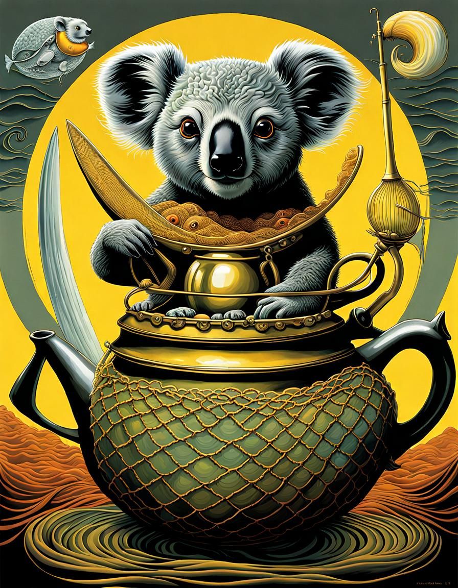 Koala Surfing on Teapot in Fish Net: Surreal Art