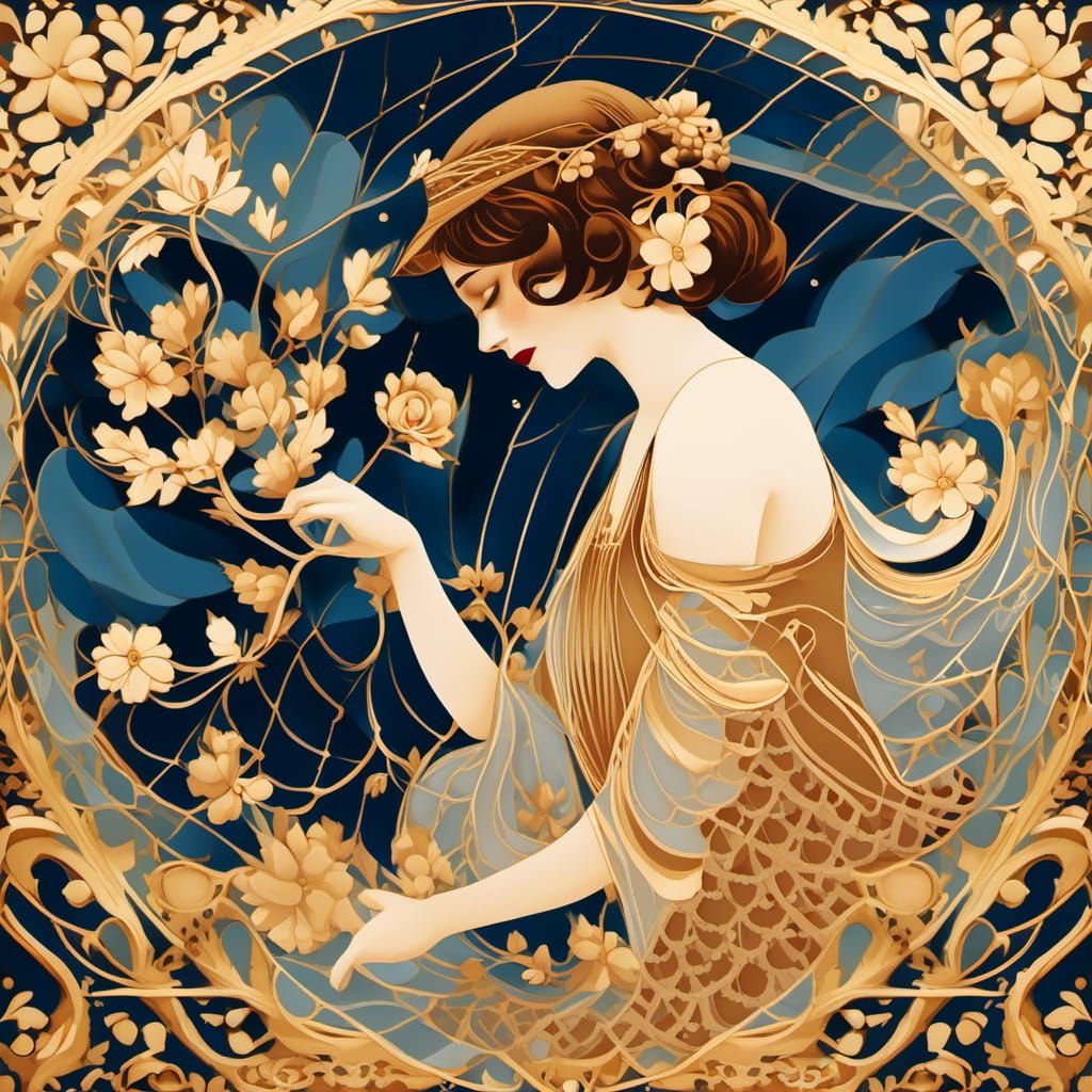 1920s Woman Silhouette with Gold Flowers