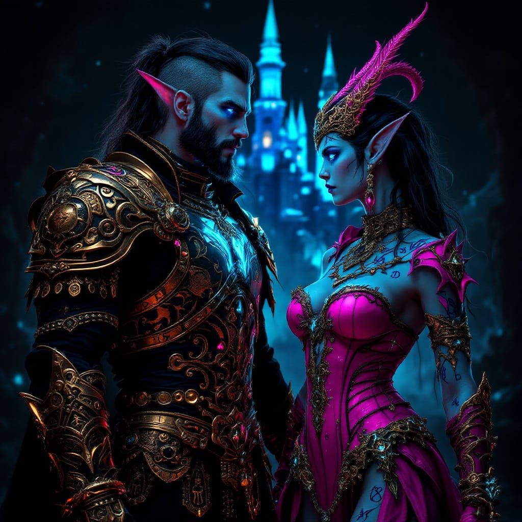 Gothic Fantasy Warriors in Intricate Armor, Neon Runes, and ...