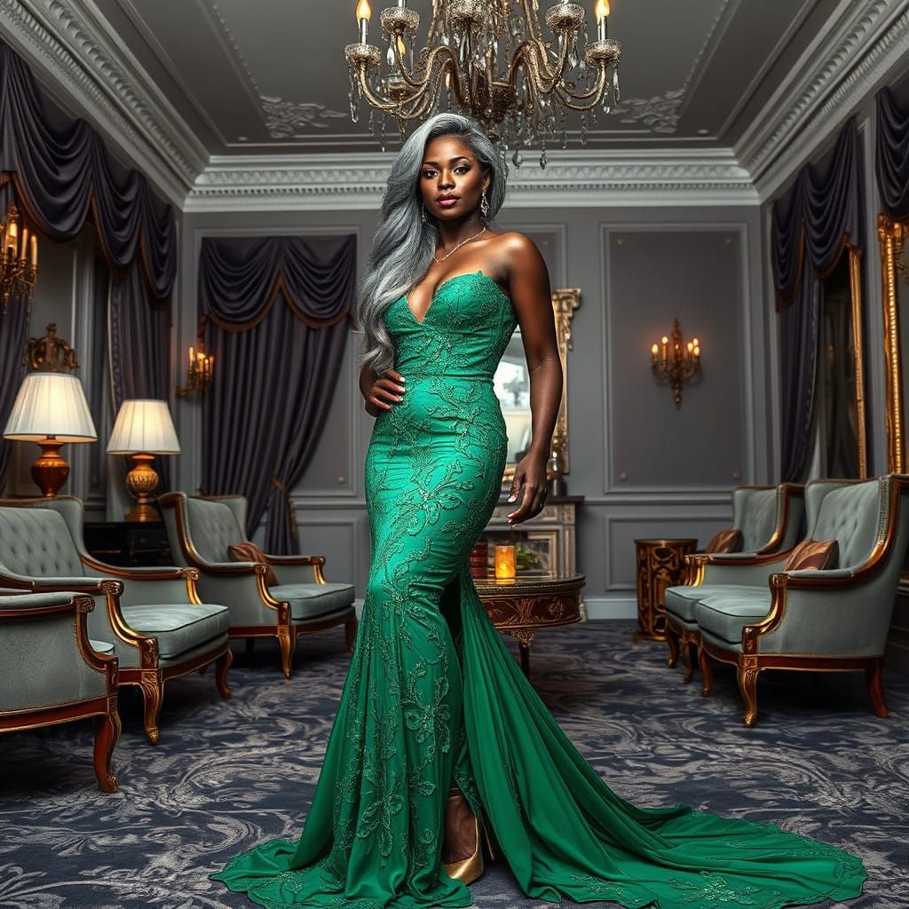 Stunning Black Woman in Emerald Green Gown, Victorian-Style....