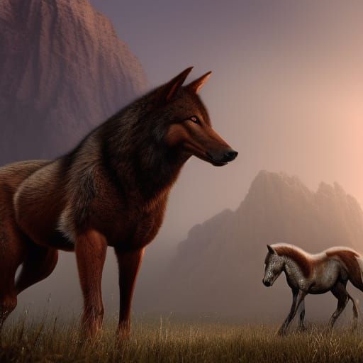 Wolf and Horse in Detailed Fantasy Landscape
