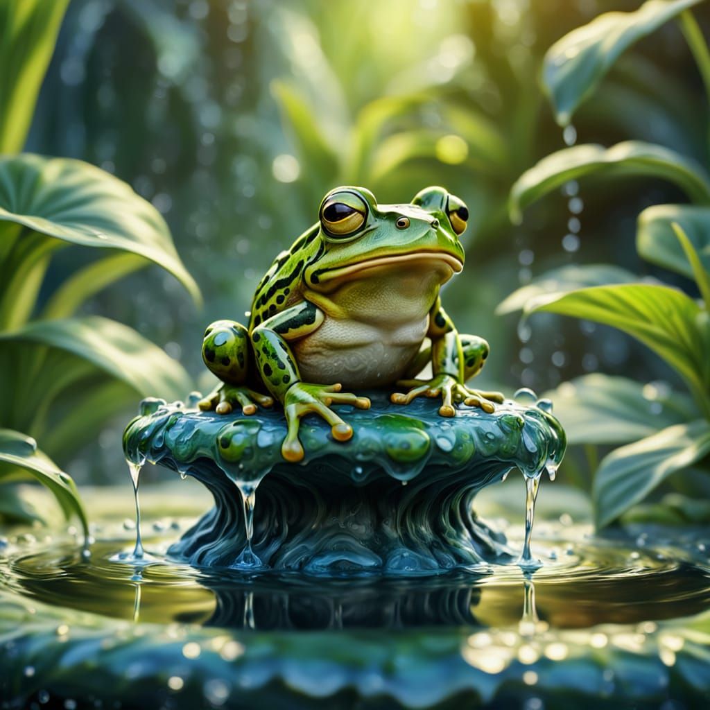 Frog on Water Drop Fountain in Vibrant Oil Painting