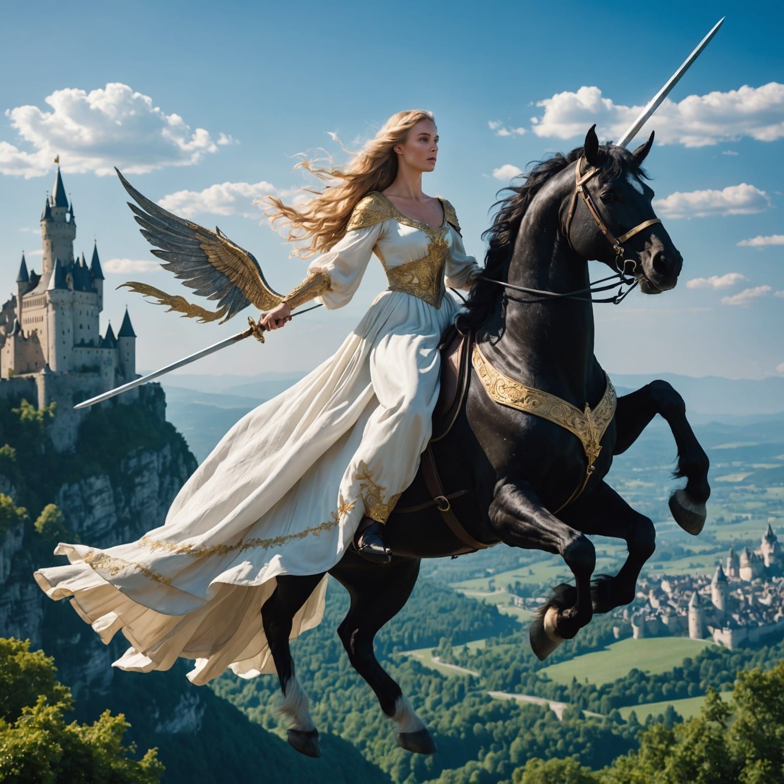 Woman Riding Winged Unicorn in a Fantasy Kingdom
