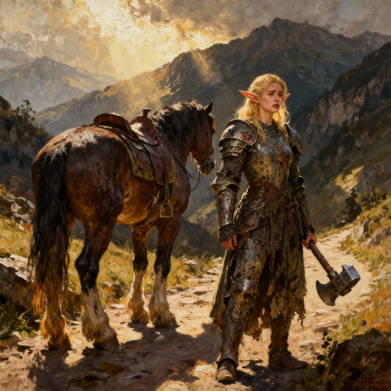 Tenebrism Elf Warrior With Warhammer and Horse