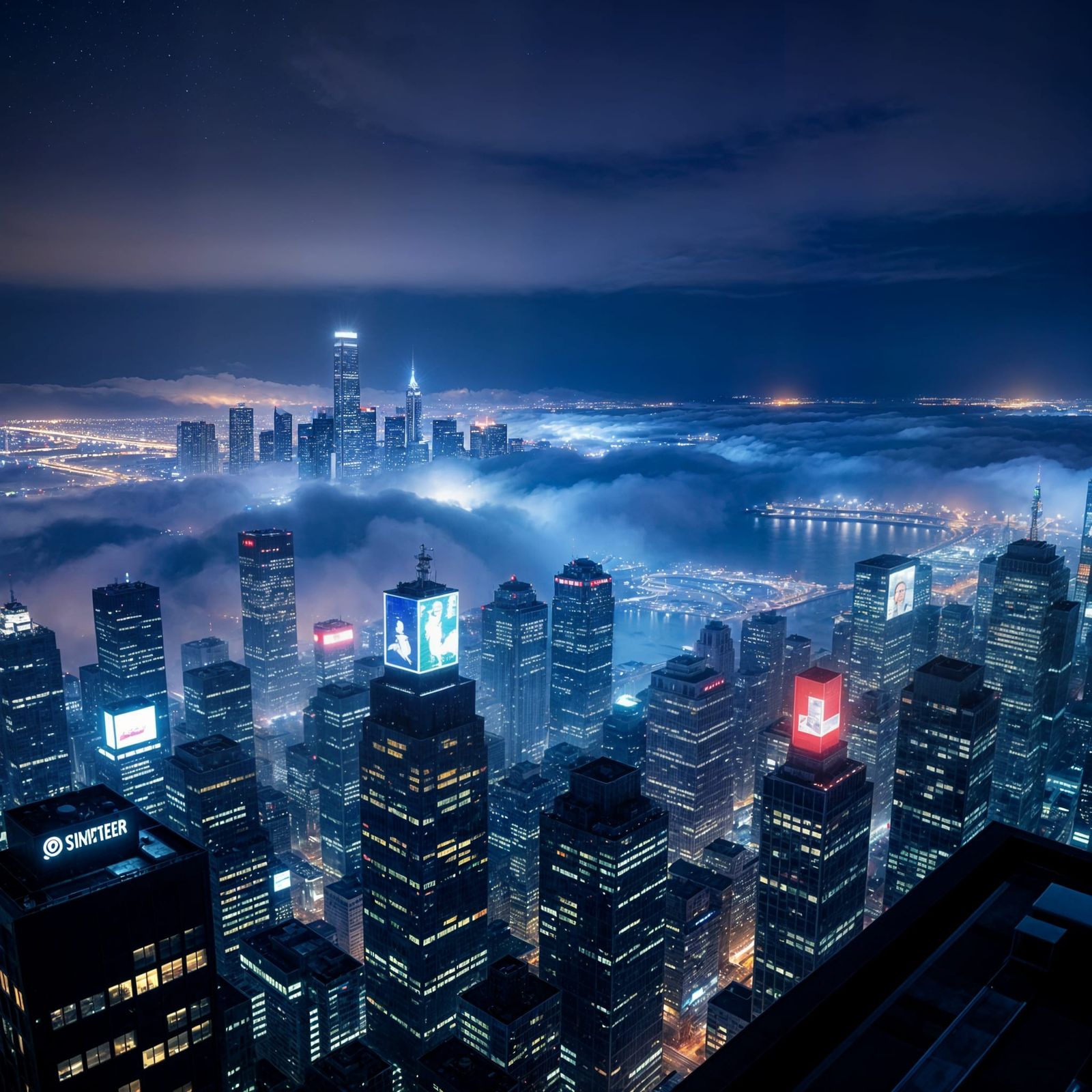 Skyscraper Rooftop View Over Cityscape at Night
