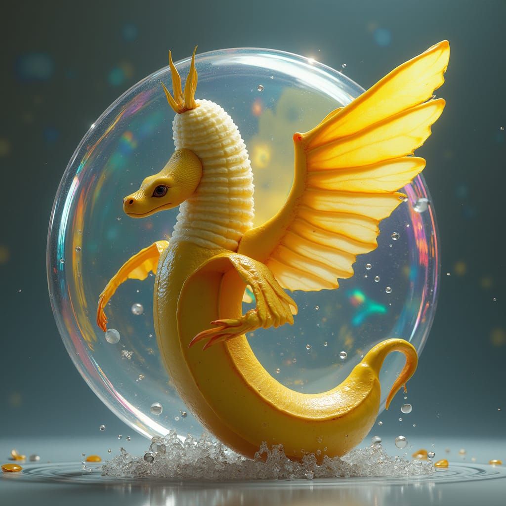Vibrant Yellow Serpent Emerges from Banana in Glass Shield