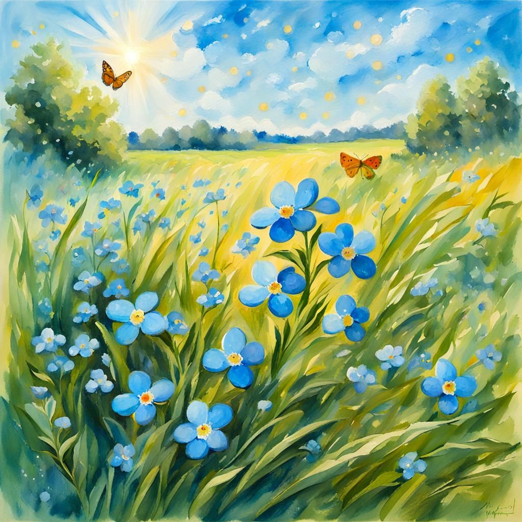 Forget-Me-Not Summer Landscape in Gouache Style