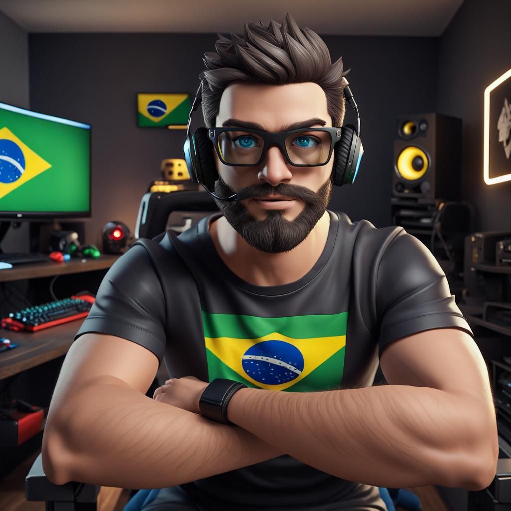 Gamer in Retro Room with Brazilian Flag: 3D Render
