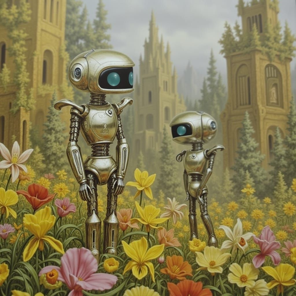Cute Robots in Flower Garden, Johfra Style