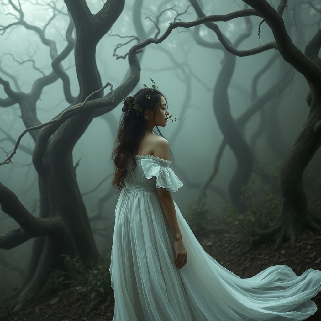 Ethereal Woman in Misty Forest with Flowing Gown